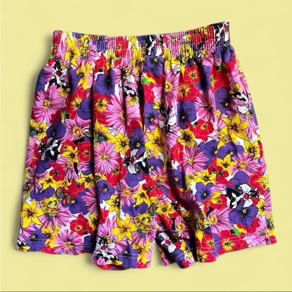 Vtg 90s Looney Tunes Floral Shorts Sz M (photos) Sylvester Tweety Warner Bros EC - Picture 1 of 13